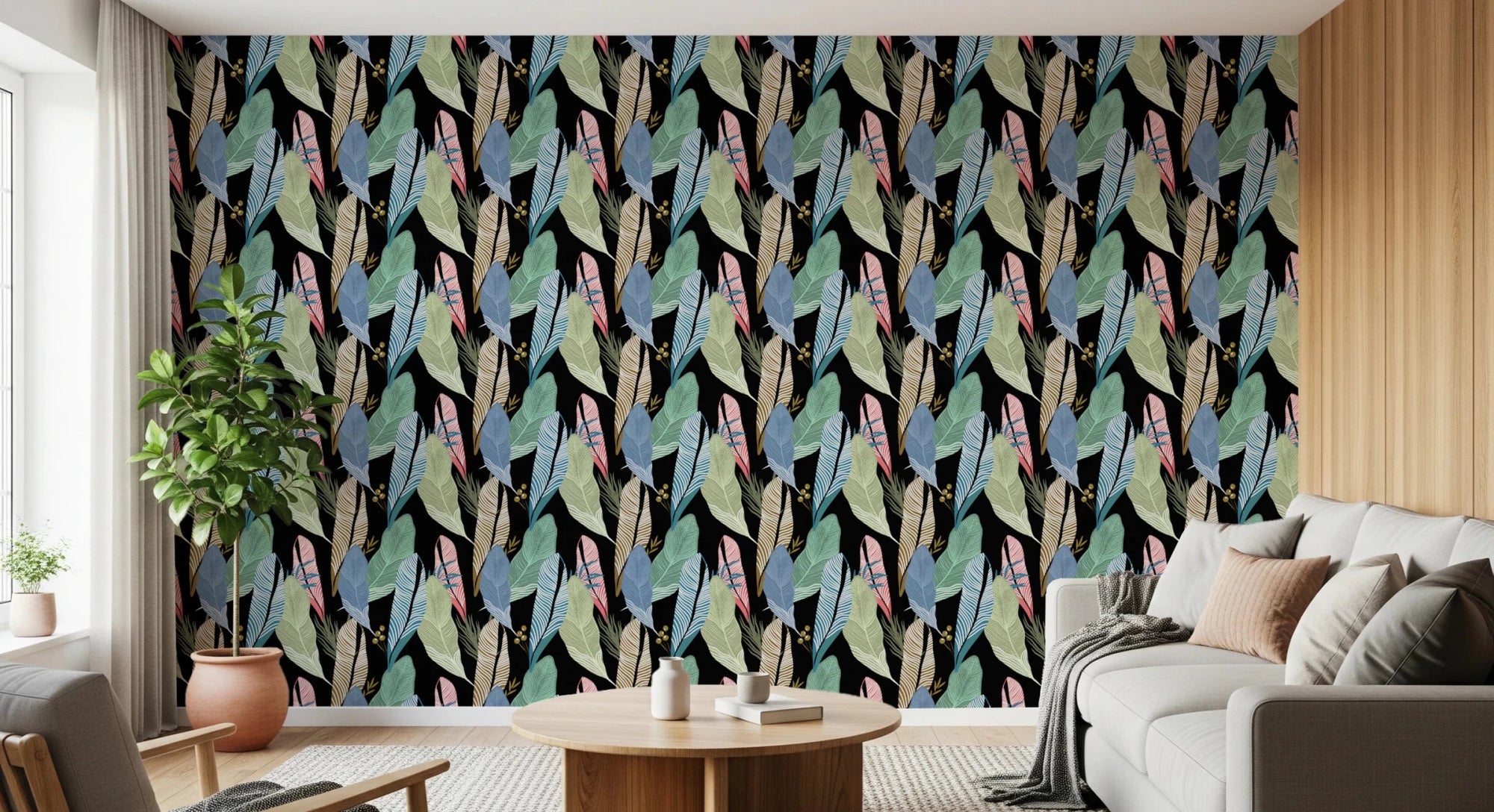Living room Leafy Abstraction Tropical Pastel Leaves Wallpaper with layered pastel foliage, GD8826