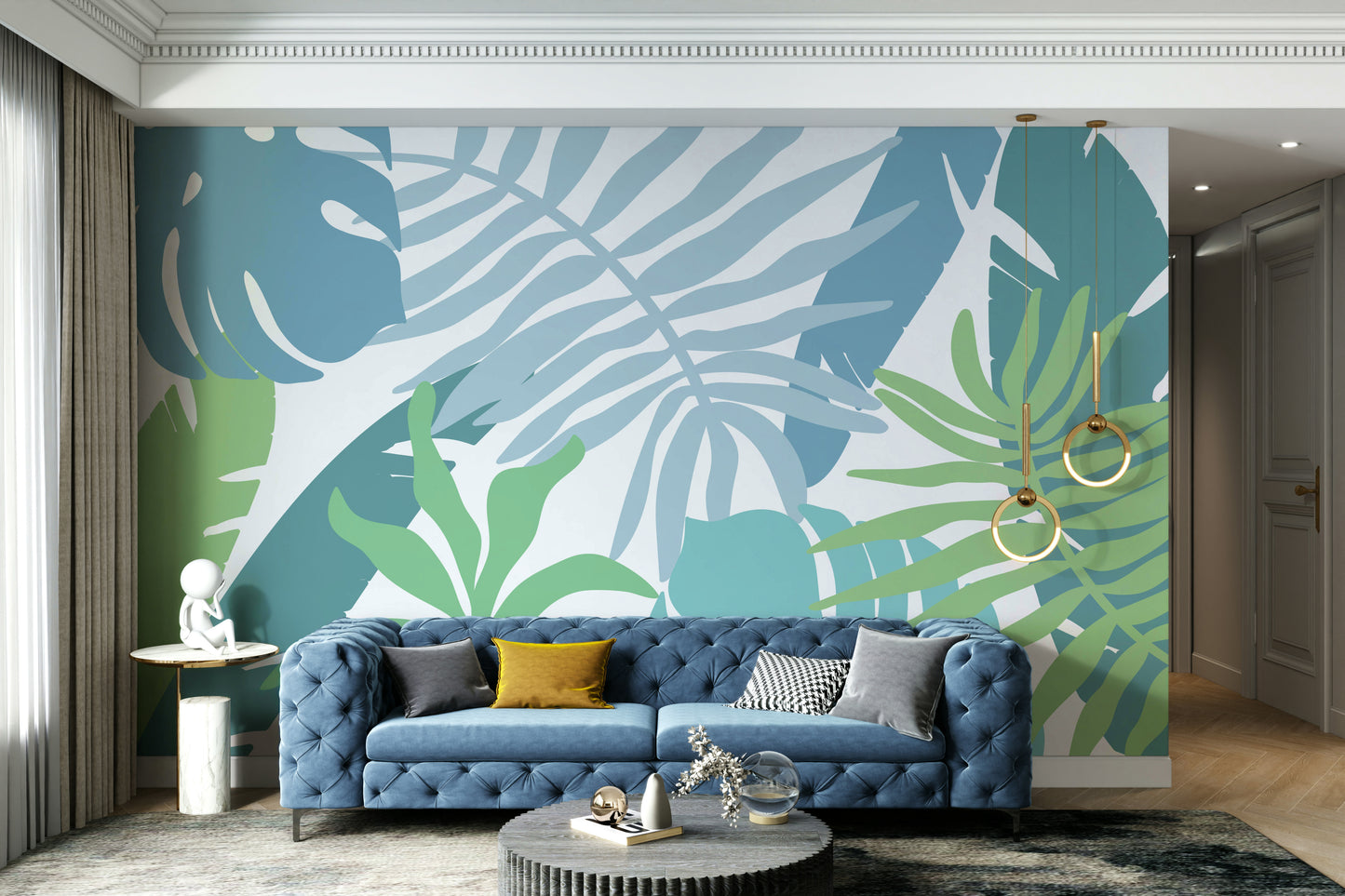 A beautiful wide-angle wall mural of plant leaves.

