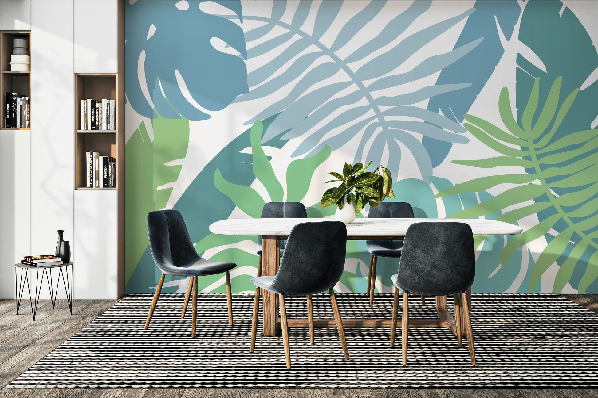 A graceful subtle leaf wall mural in cool, blue tones.

