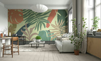 A calming foliage design wallpaper mural that defines a space.


