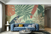 A beautiful modern art wall mural of green leaves.

