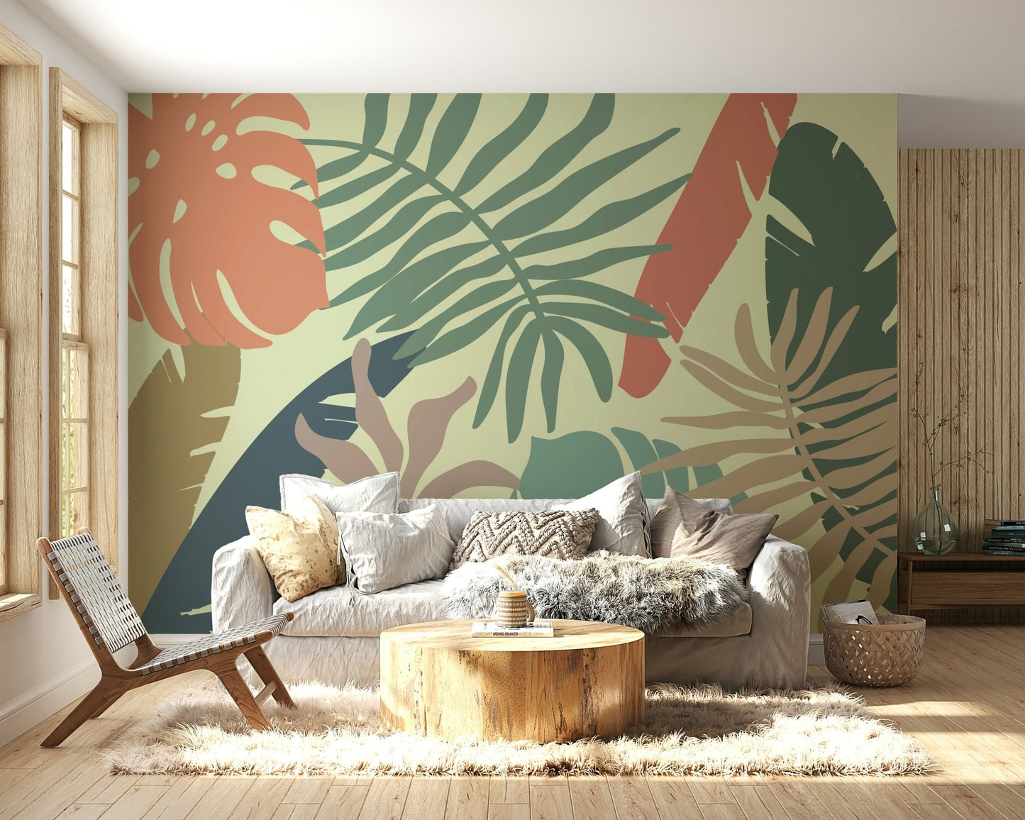 A graceful subtle leaf wall mural in cool, natural tones.

