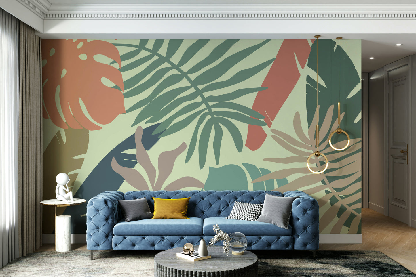 A beautiful modern art wall mural of green leaves.

