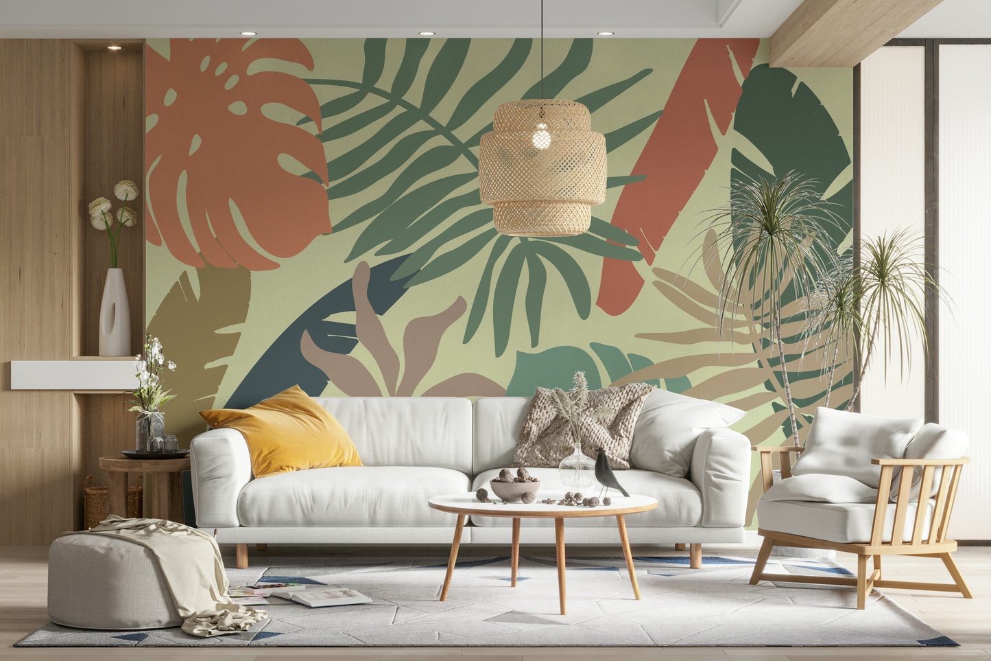 An artistic calming leaf mural on minimalist wallpaper.

