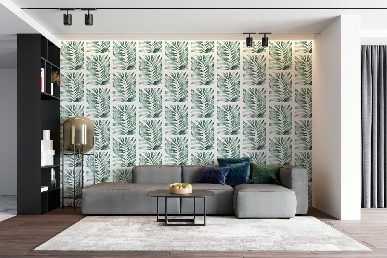 A peaceful wall mural with a modern botanical design.

