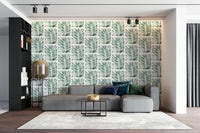 A peaceful wall mural with a modern botanical design.

