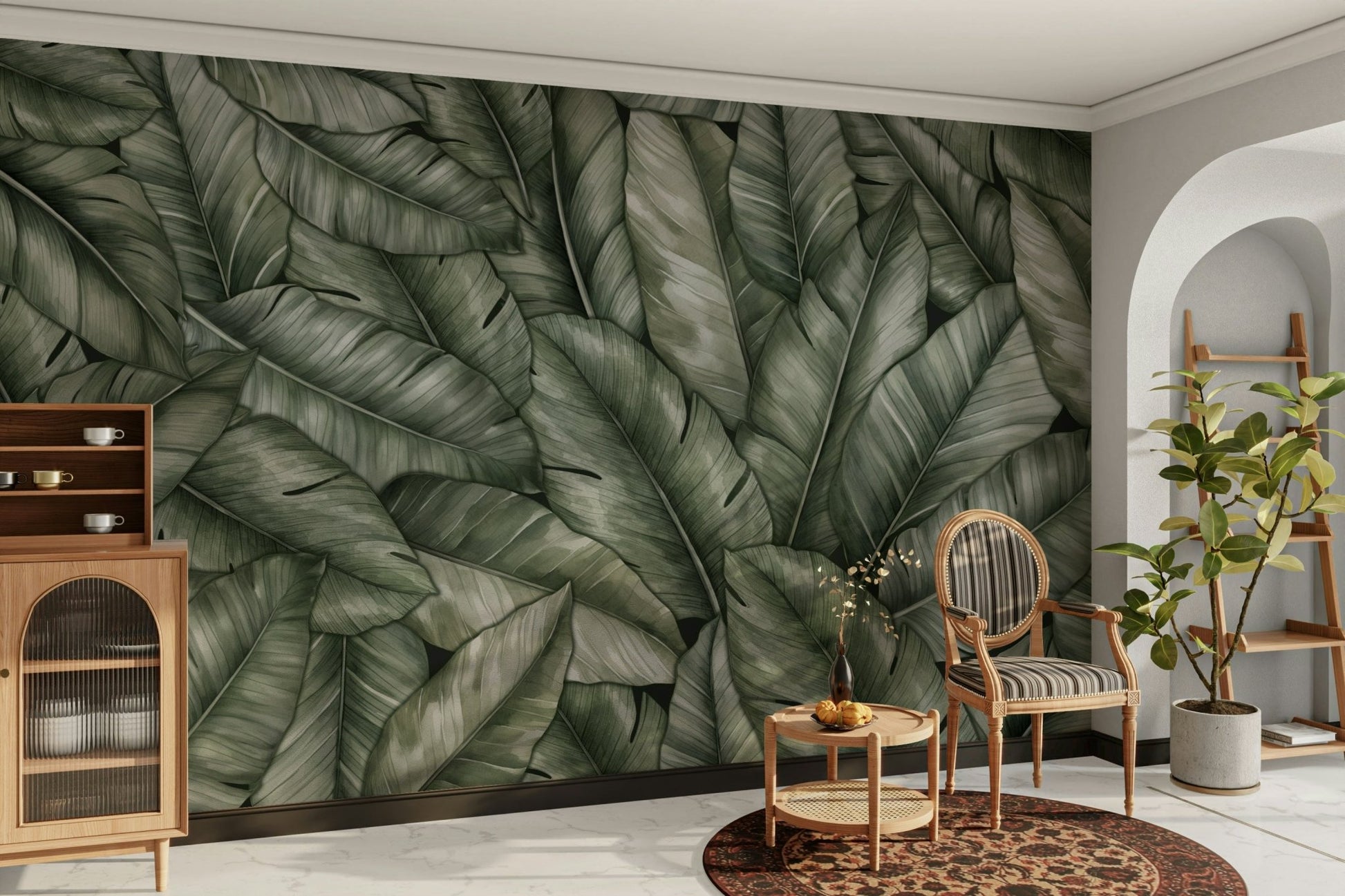 The mural is a high-detail, realistic image of dense foliage.
