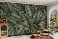 The mural is a high-detail, realistic image of dense foliage.
