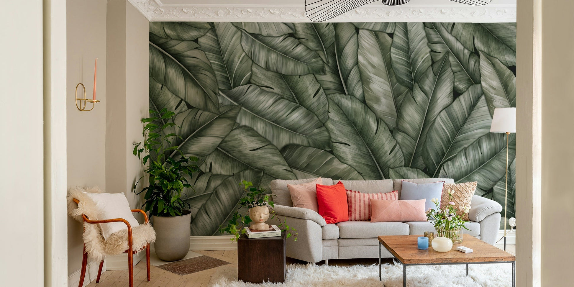 Broad, tropical-style leaves add to the lushness.
