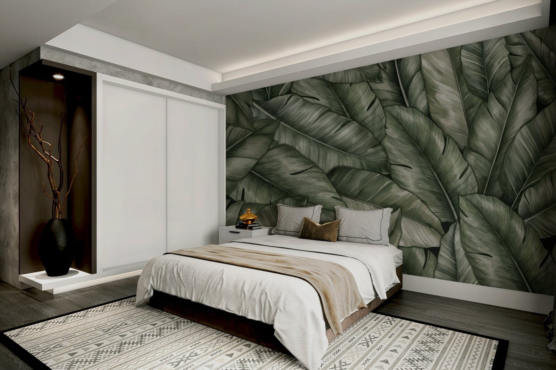 The Leafy Haven Wall Mural on a living room wall.
