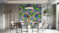 A wallpaper design with a repeating leaf pattern.

