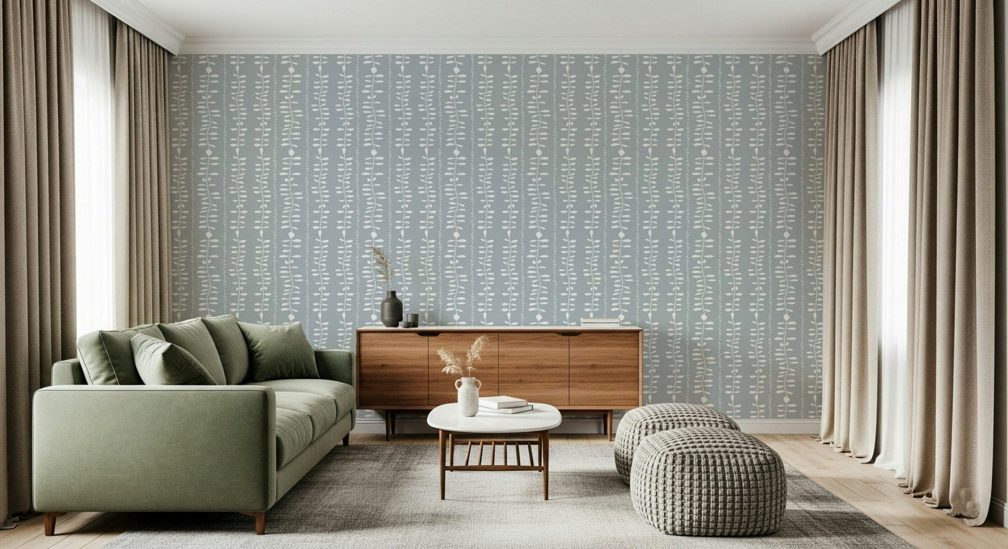 Minimalist Leaves Cascade mural wallpaper depicting stylized foliage.