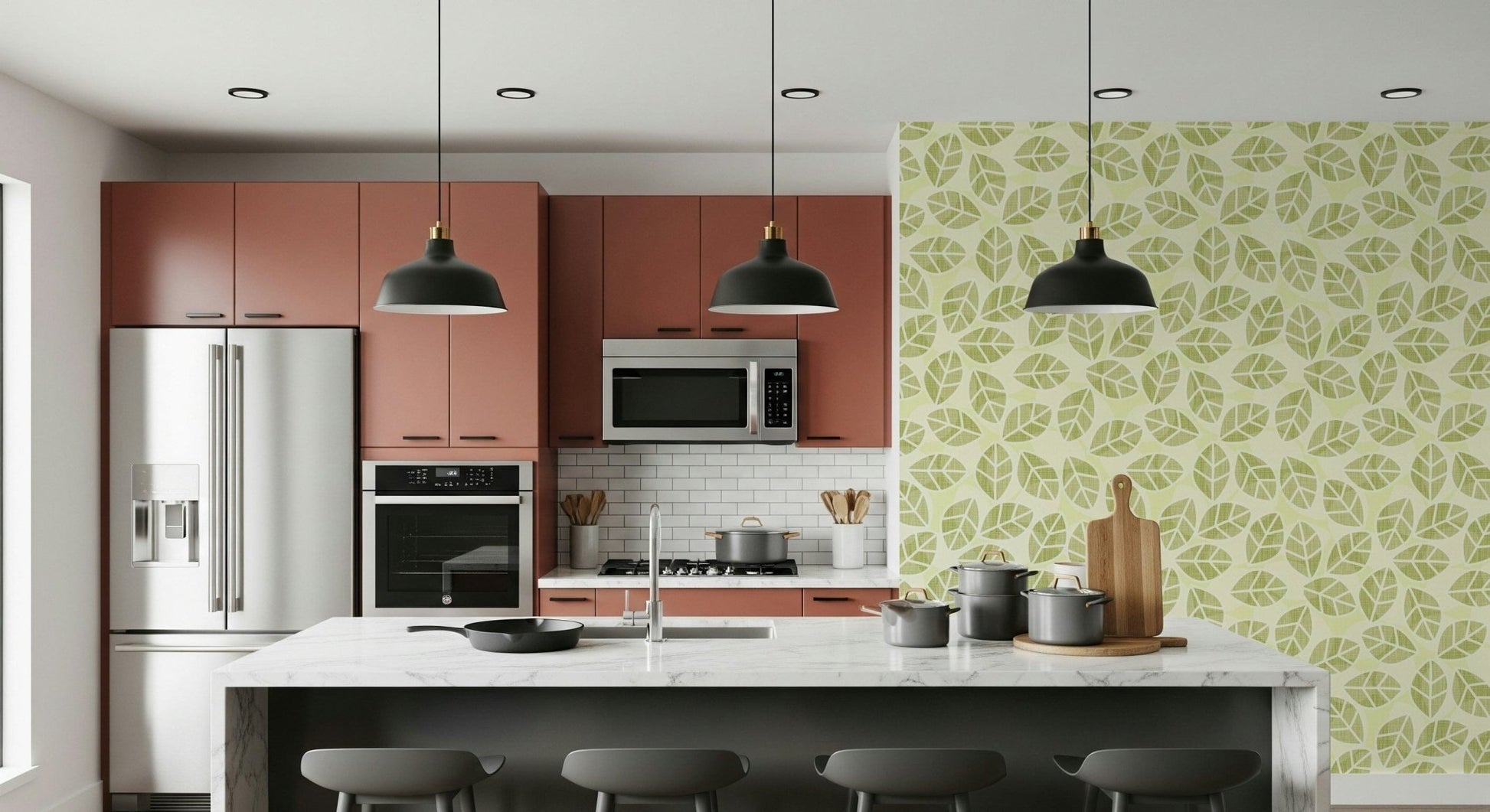 Contemporary dining area featuring the Leaves Play Spring Green Wallpaper., GD6218