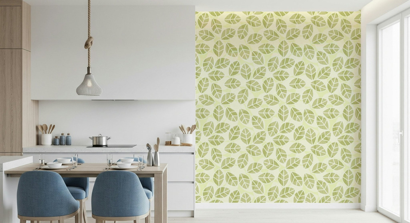 Leaves Play Spring Green Wallpaper in a bright, modern sunroom.
