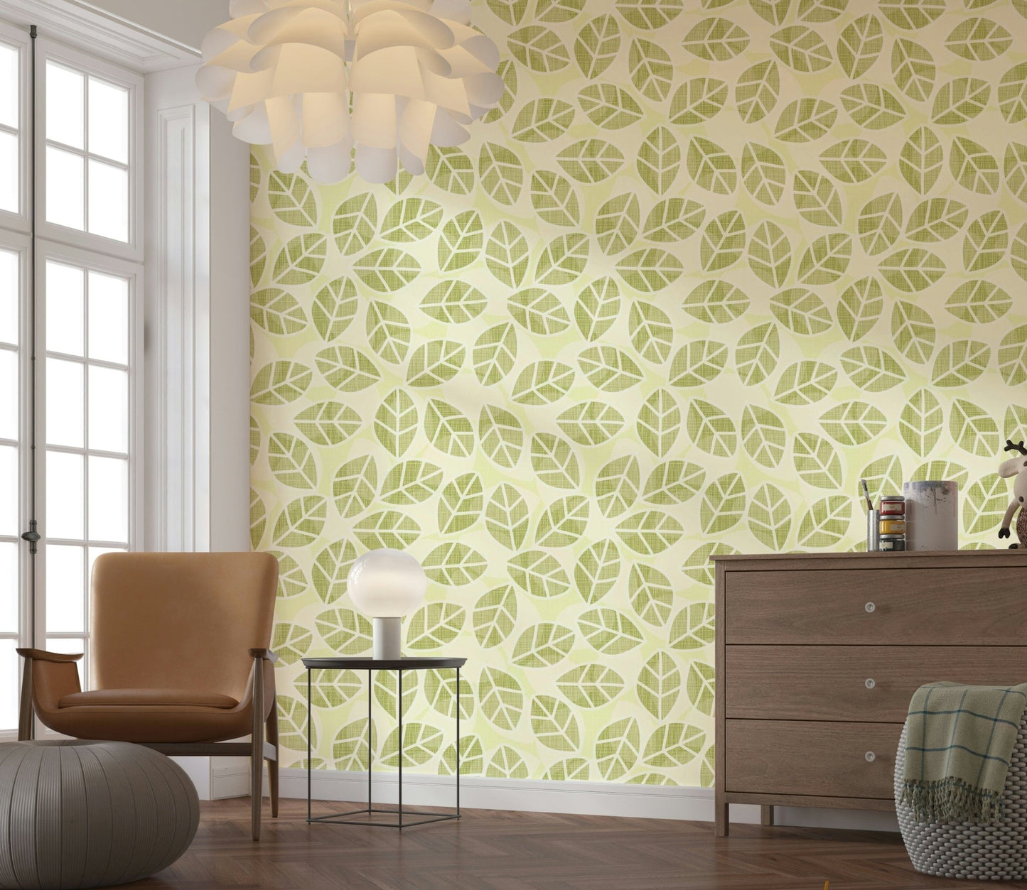 Designer interior decor with the Leaves Play Spring Green Wallpaper print., GD6218