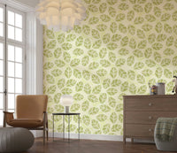 Designer interior decor with the Leaves Play Spring Green Wallpaper print., GD6218