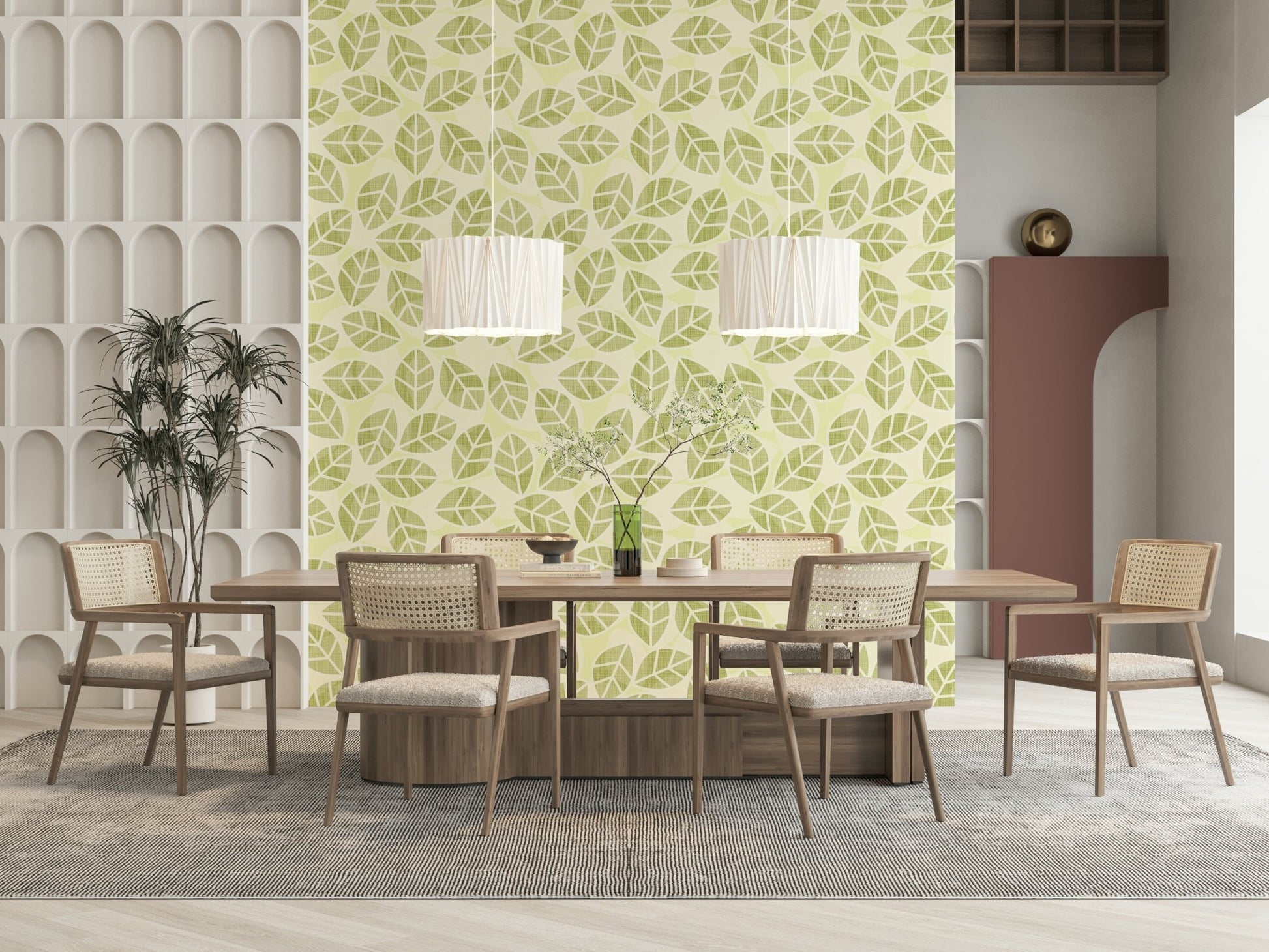Leaves Play Spring Green Wallpaper behind a light wood console table., GD6218