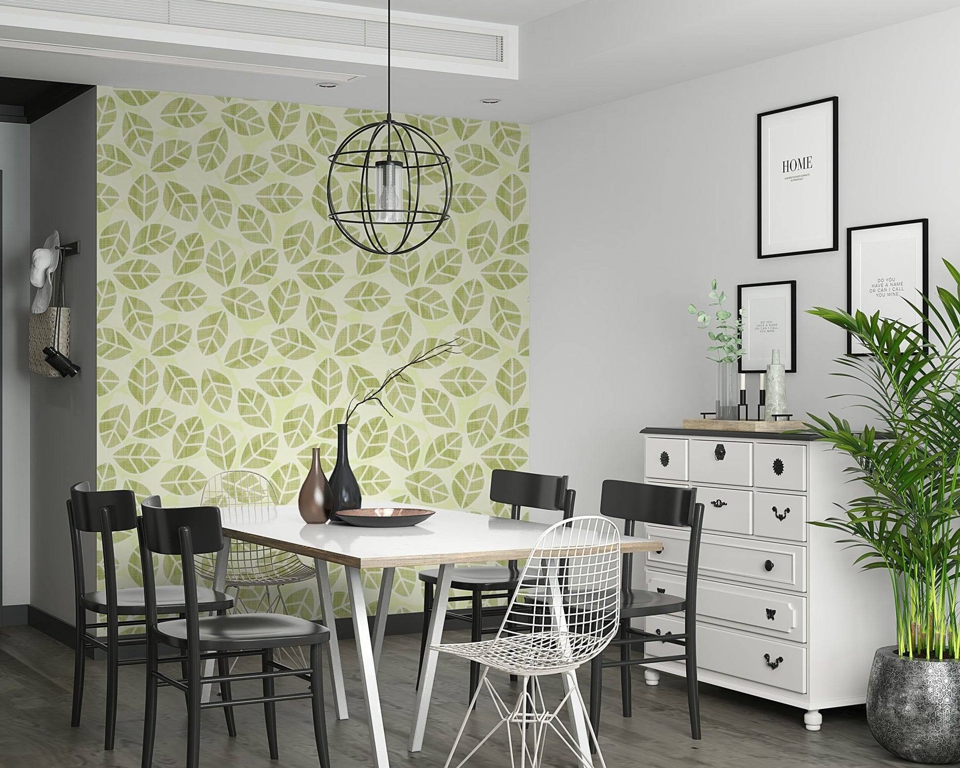 Full view of a serene bedroom with Leaves Play Spring Green Wallpaper., GD6218