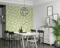 Full view of a serene bedroom with Leaves Play Spring Green Wallpaper., GD6218