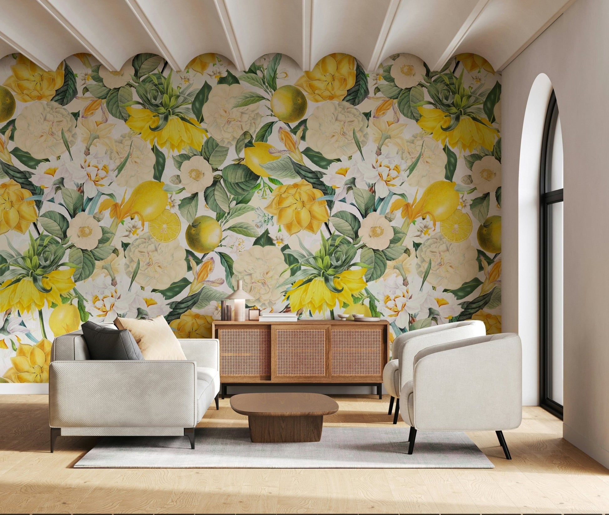 Watercolor style of the delicate Lemon Bloom Garden Wall Mural.