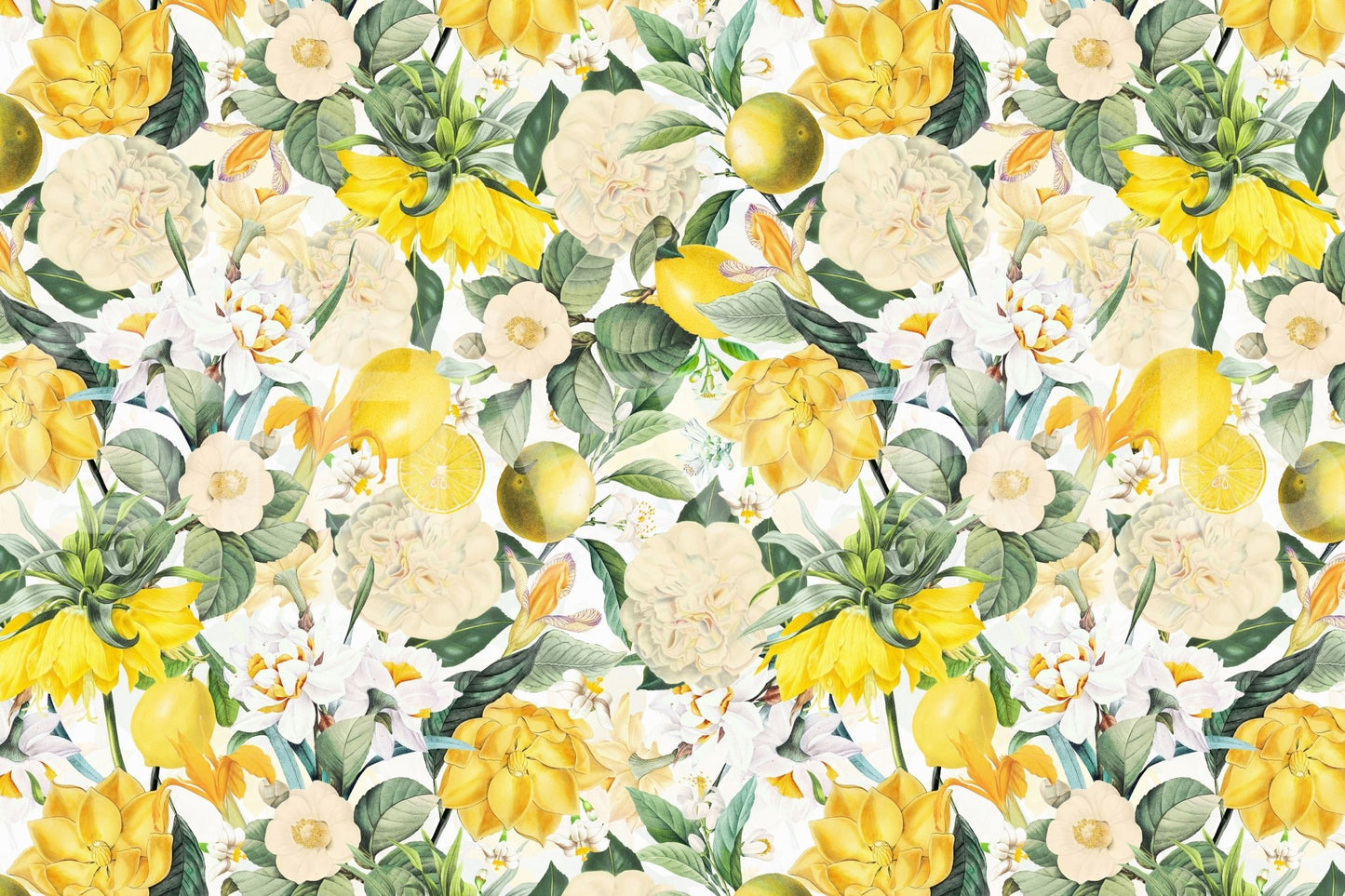 Botanical lemon pattern in the Lemon Bloom Garden Wall Mural.