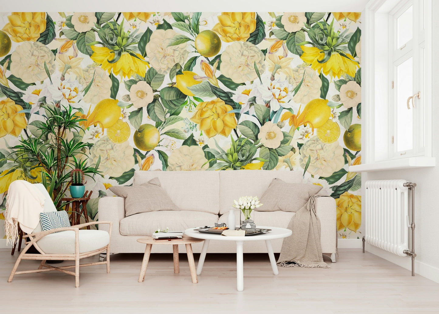 Bright yellow lemons design on the Lemon Bloom Garden Wall Mural.