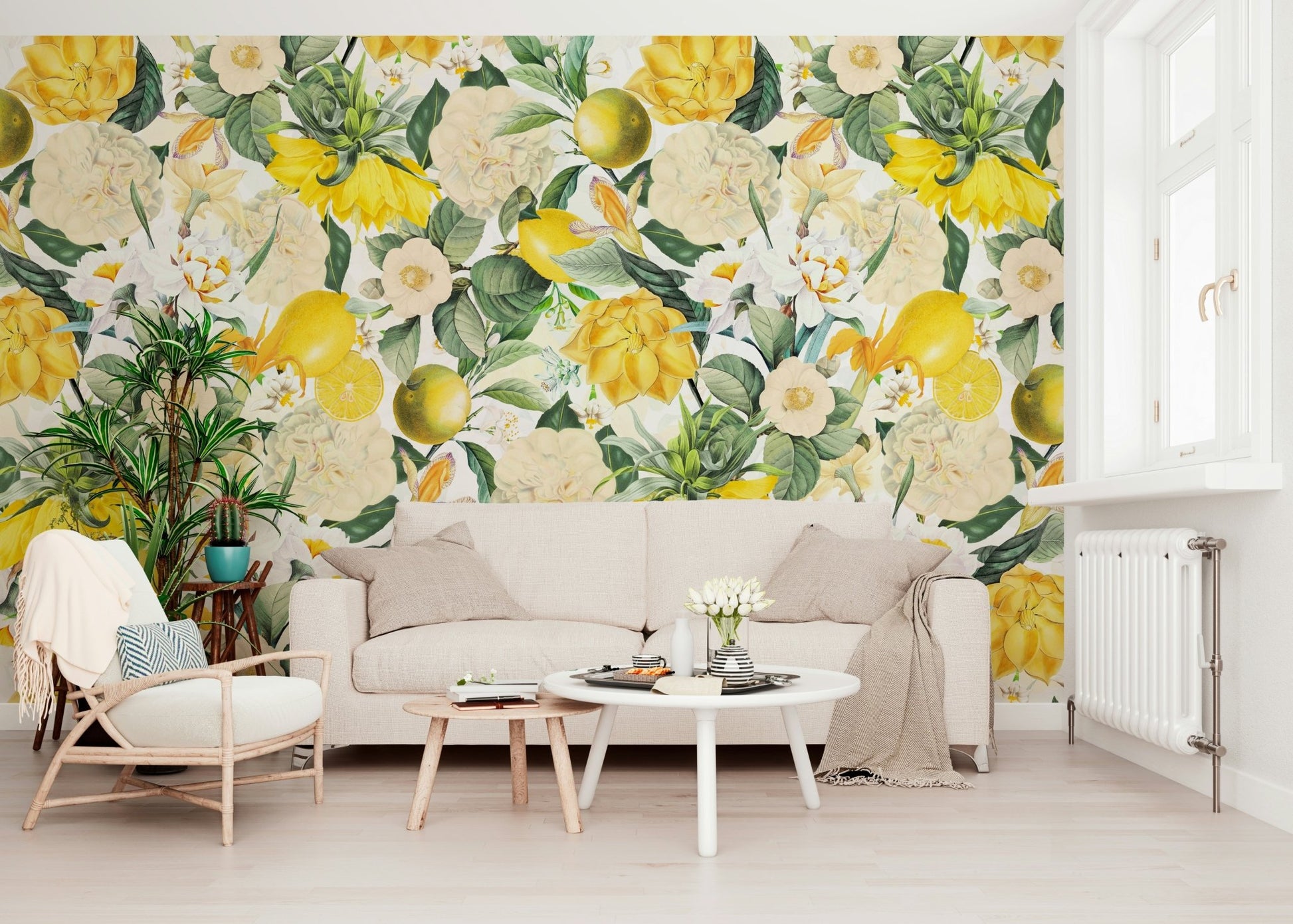 Bright yellow lemons design on the Lemon Bloom Garden Wall Mural.