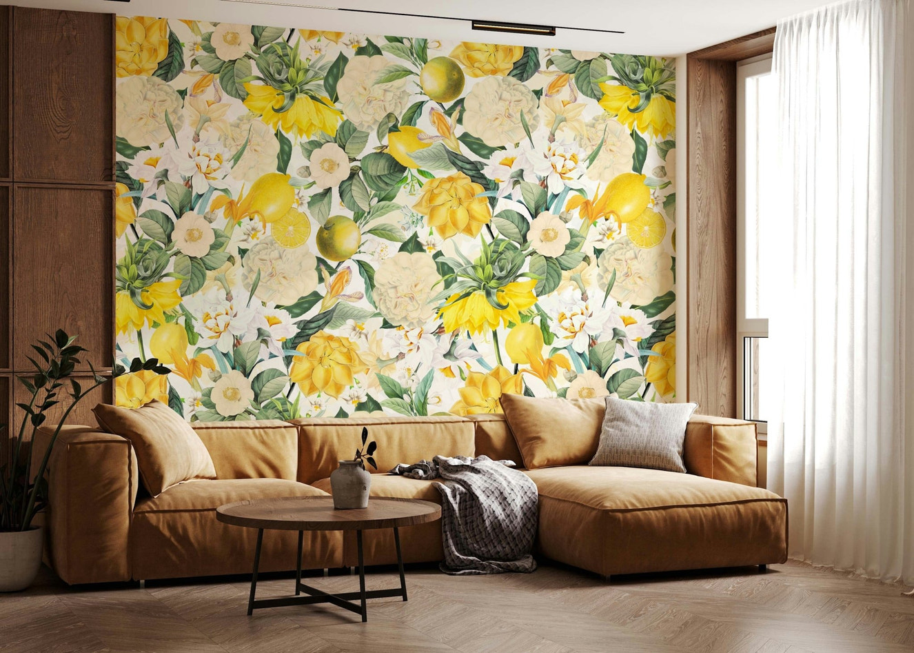 Lemon Bloom Garden Wall Mural in a sunny kitchen.