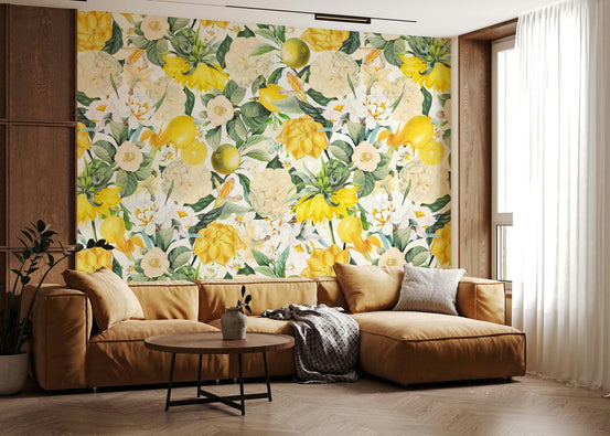 Lemon Bloom Garden Wall Mural in a sunny kitchen., GD6244