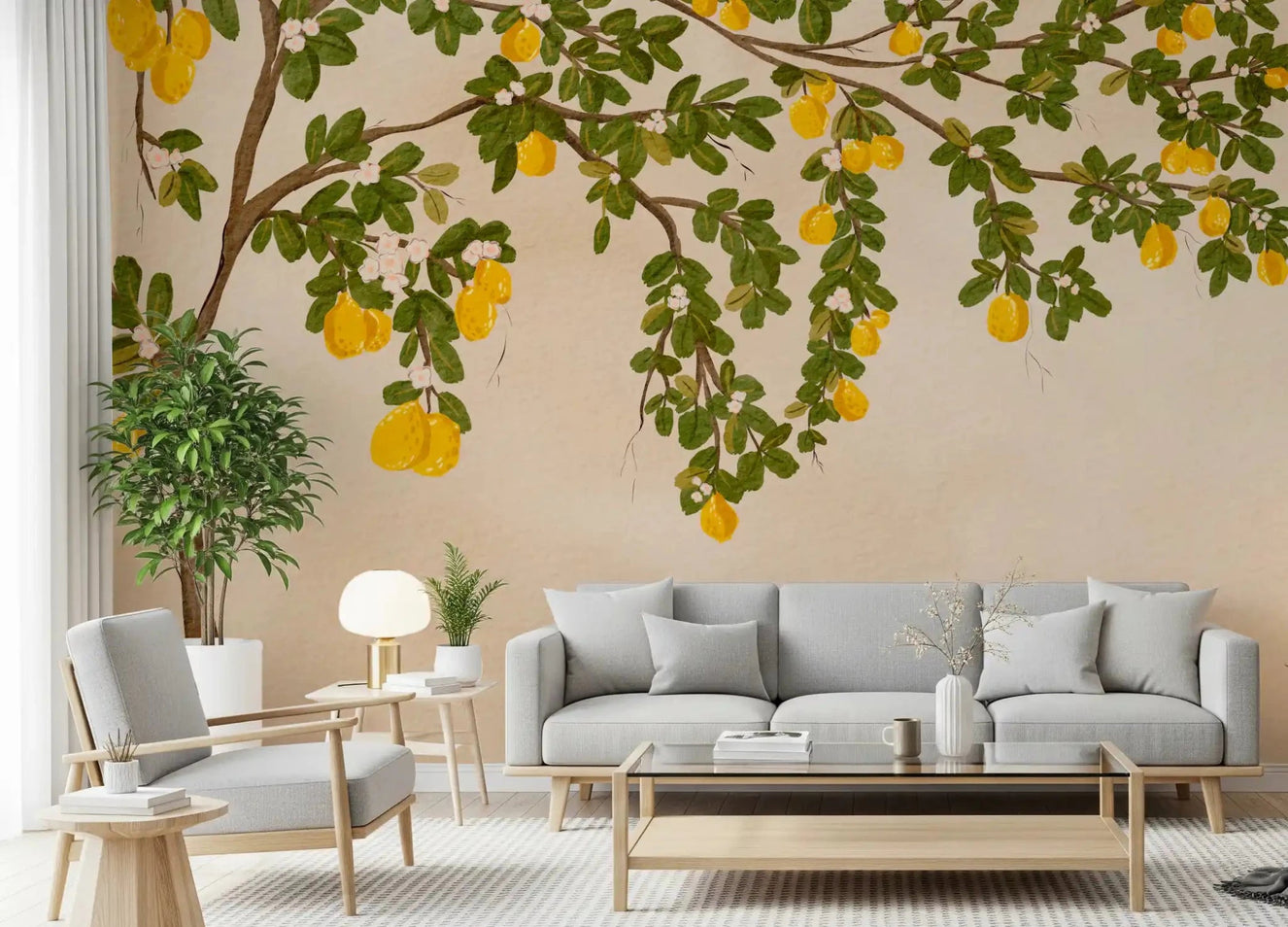 Lemon Grove Bloom Wall Mural behind a beige sofa in a calm living room