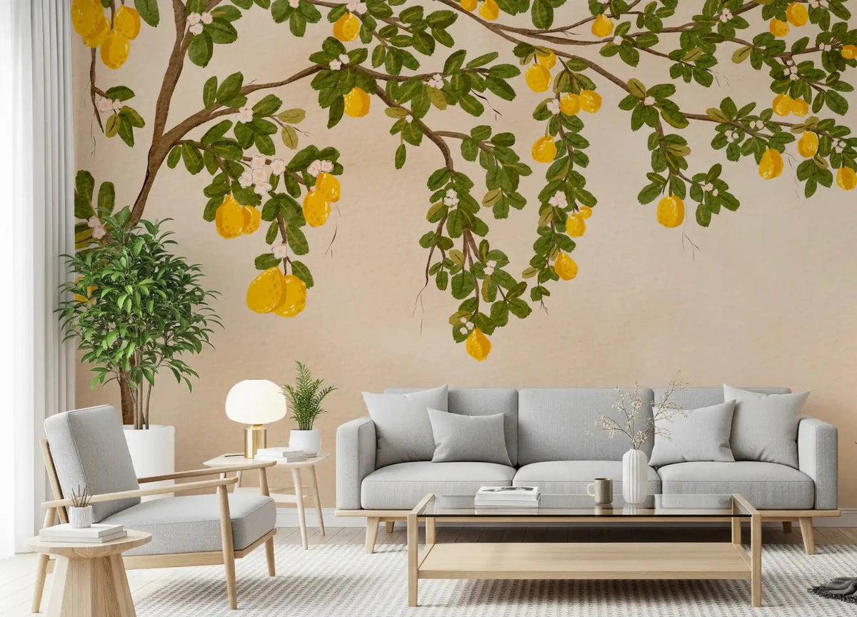 Lemon Grove Bloom Wall Mural behind a beige sofa in a calm living room, GD8911