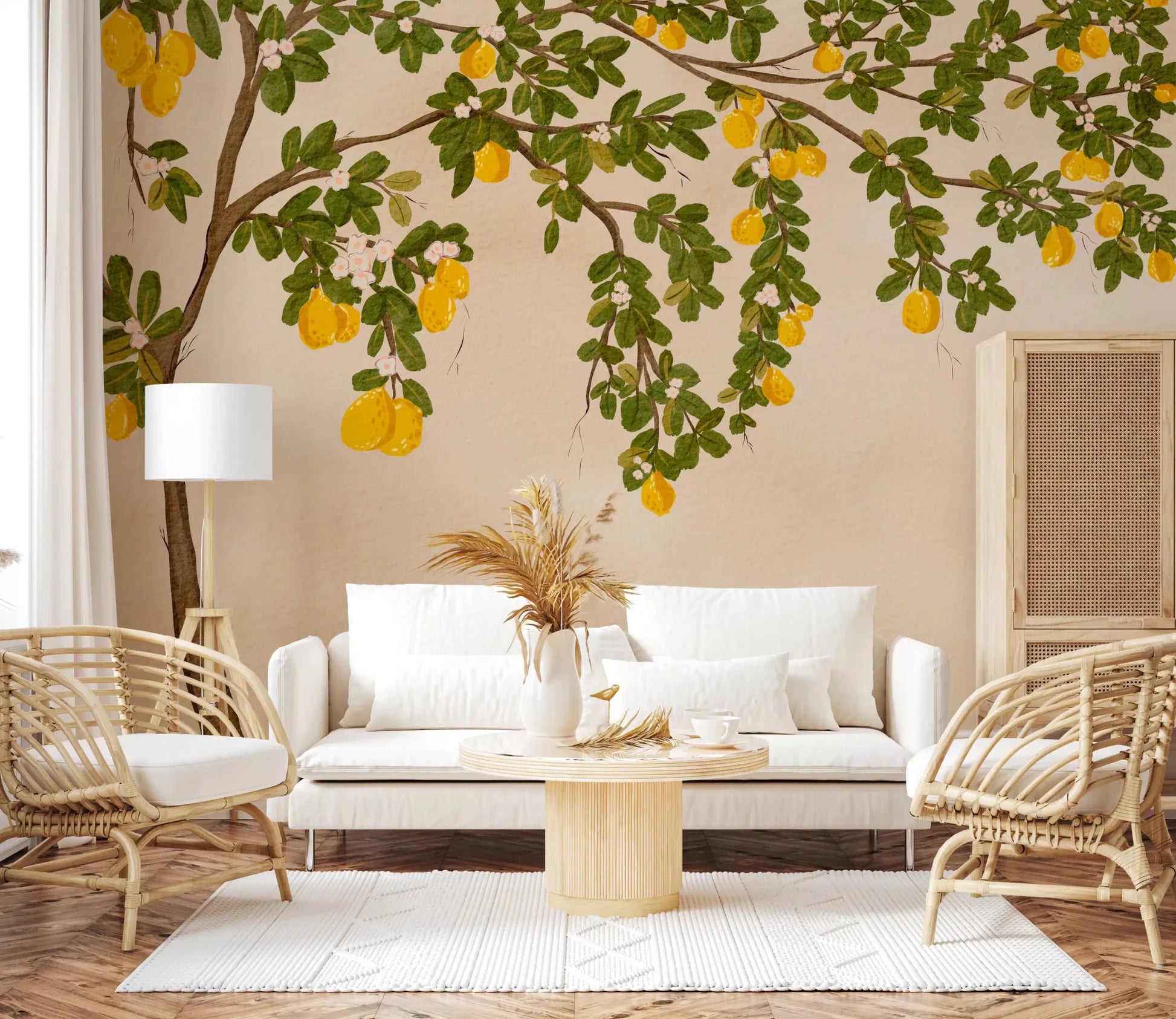 Two white chairs face Lemon Grove Bloom Wall Mural in a relaxed sitting room