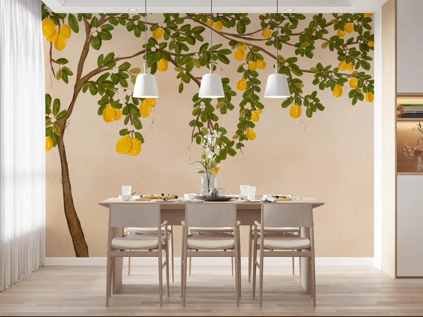 Lemon Grove Bloom Wall Mural framing a dining table in a bright airy room