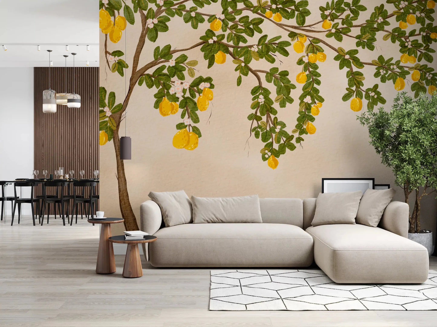 Cozy lounge corner with Lemon Grove Bloom Wall Mural and a soft beige sectional