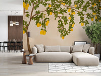 Cozy lounge corner with Lemon Grove Bloom Wall Mural and a soft beige sectional