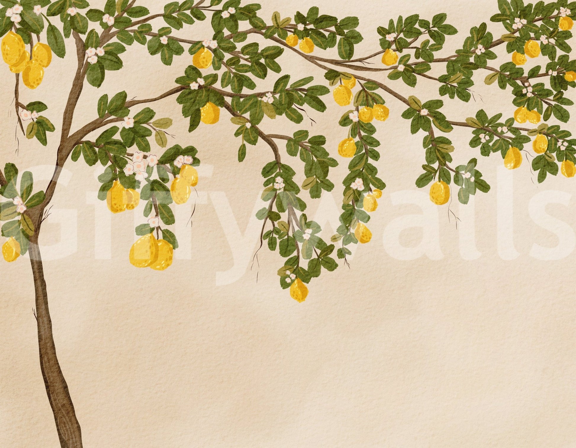 Soft blossom details frame Lemon Grove Bloom Wall Mural with citrus branch charm
