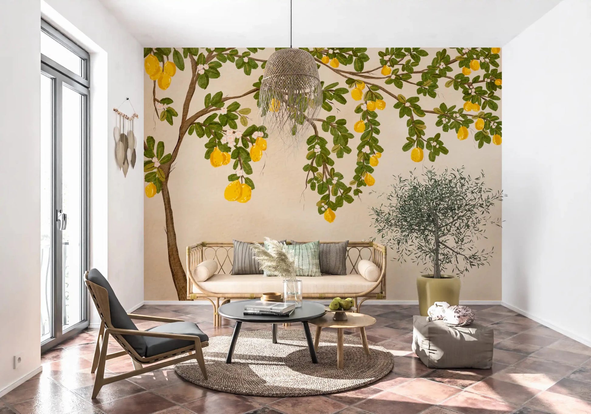 Bright Living nook styled with Lemon Grove Bloom Wall Mural and citrus branches