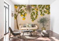 Bright Living nook styled with Lemon Grove Bloom Wall Mural and citrus branches