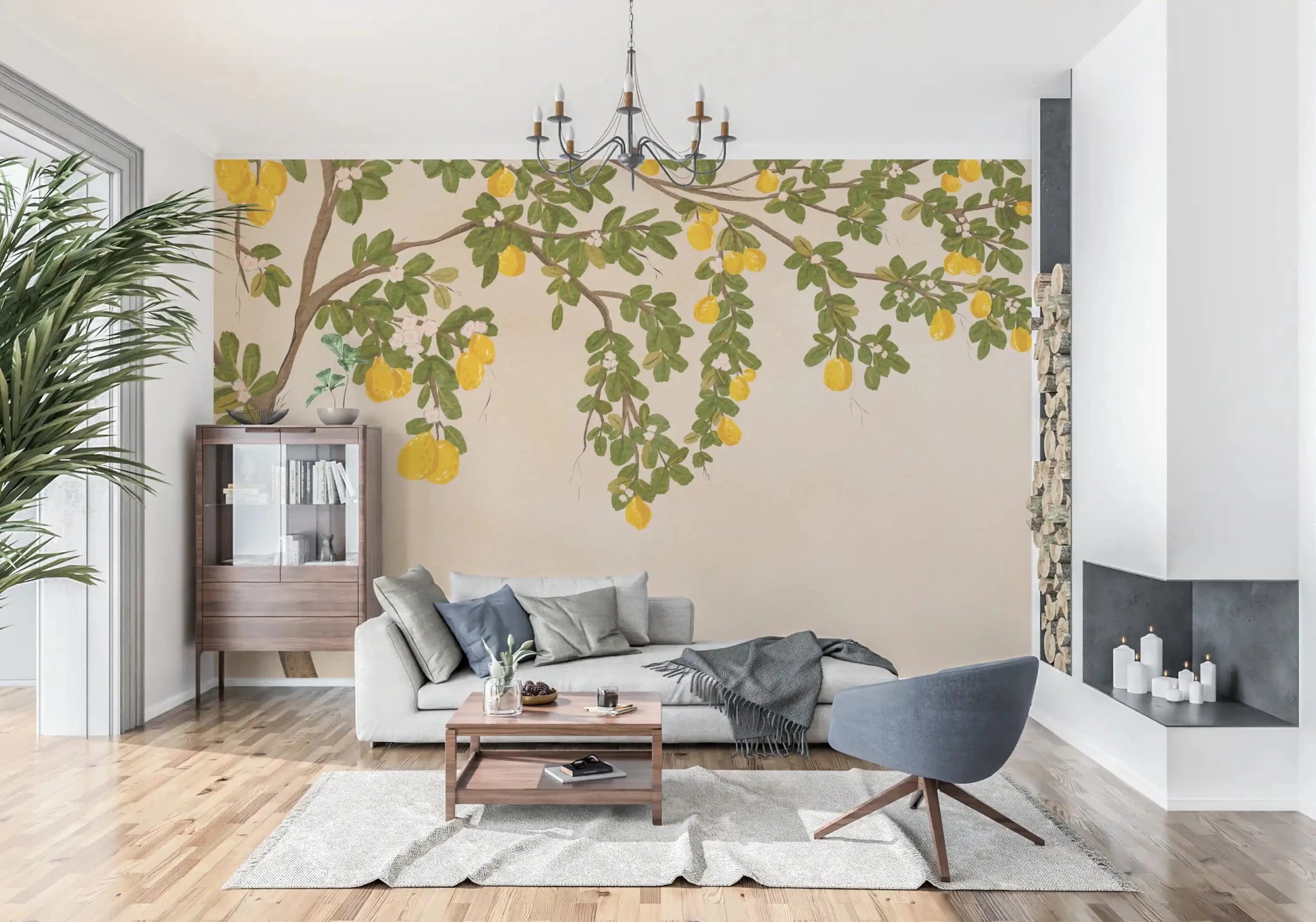 Sunlit Living room finished with Lemon Grove Bloom Wall Mural and soft neutral 