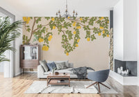 Sunlit Living room finished with Lemon Grove Bloom Wall Mural and soft neutral 