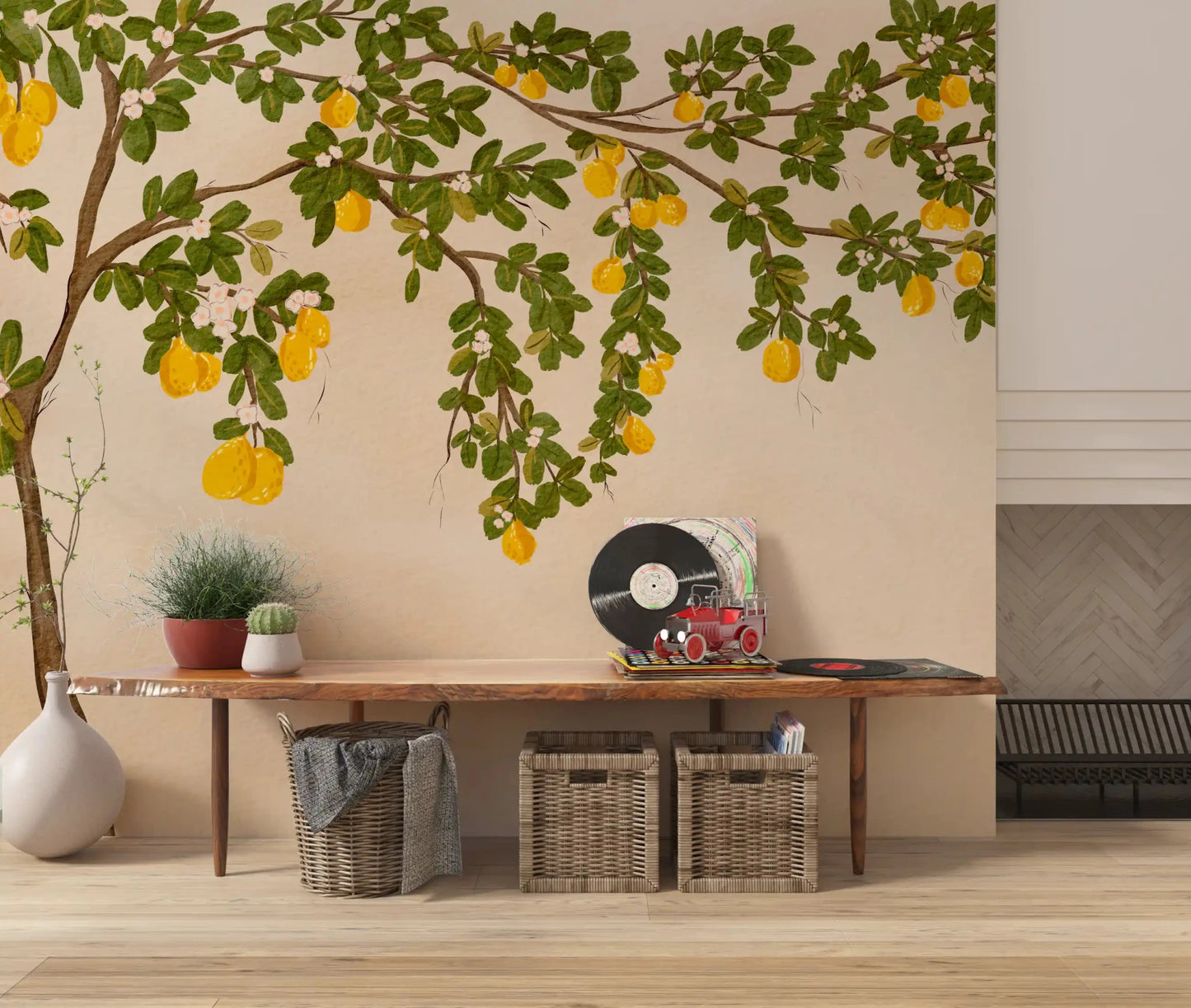 Lemon Grove Bloom Wall Mural above a console table in a warm Living space