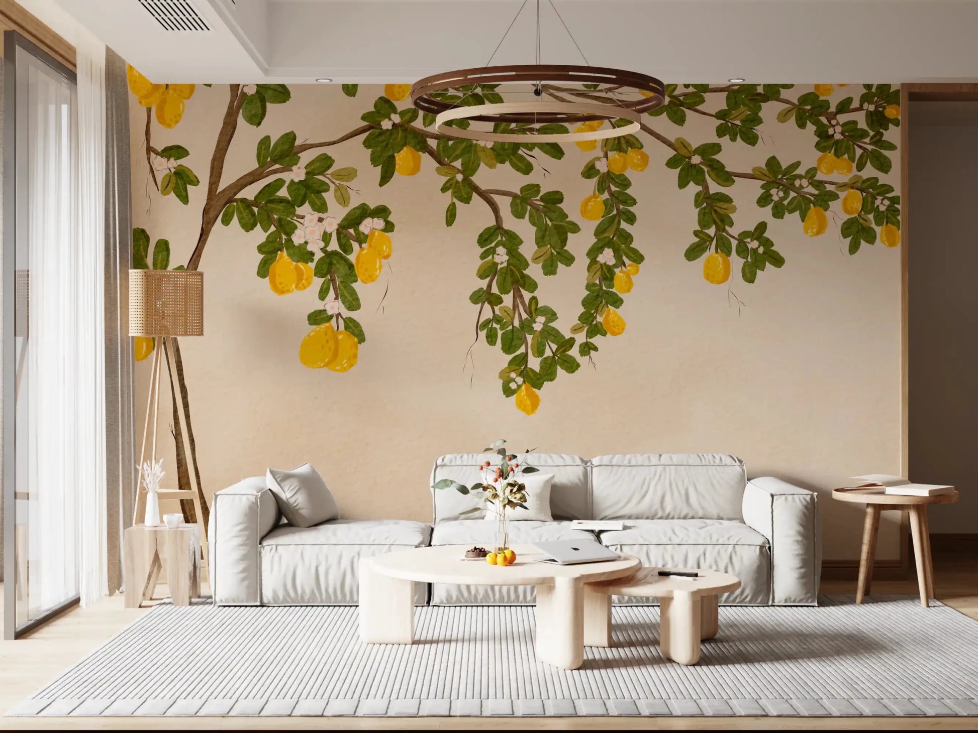 Soft Living room featuring Lemon Grove Bloom Wall Mural above a neatly made white bed