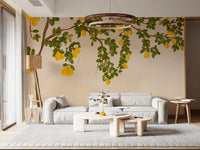Soft Living room featuring Lemon Grove Bloom Wall Mural above a neatly made white bed