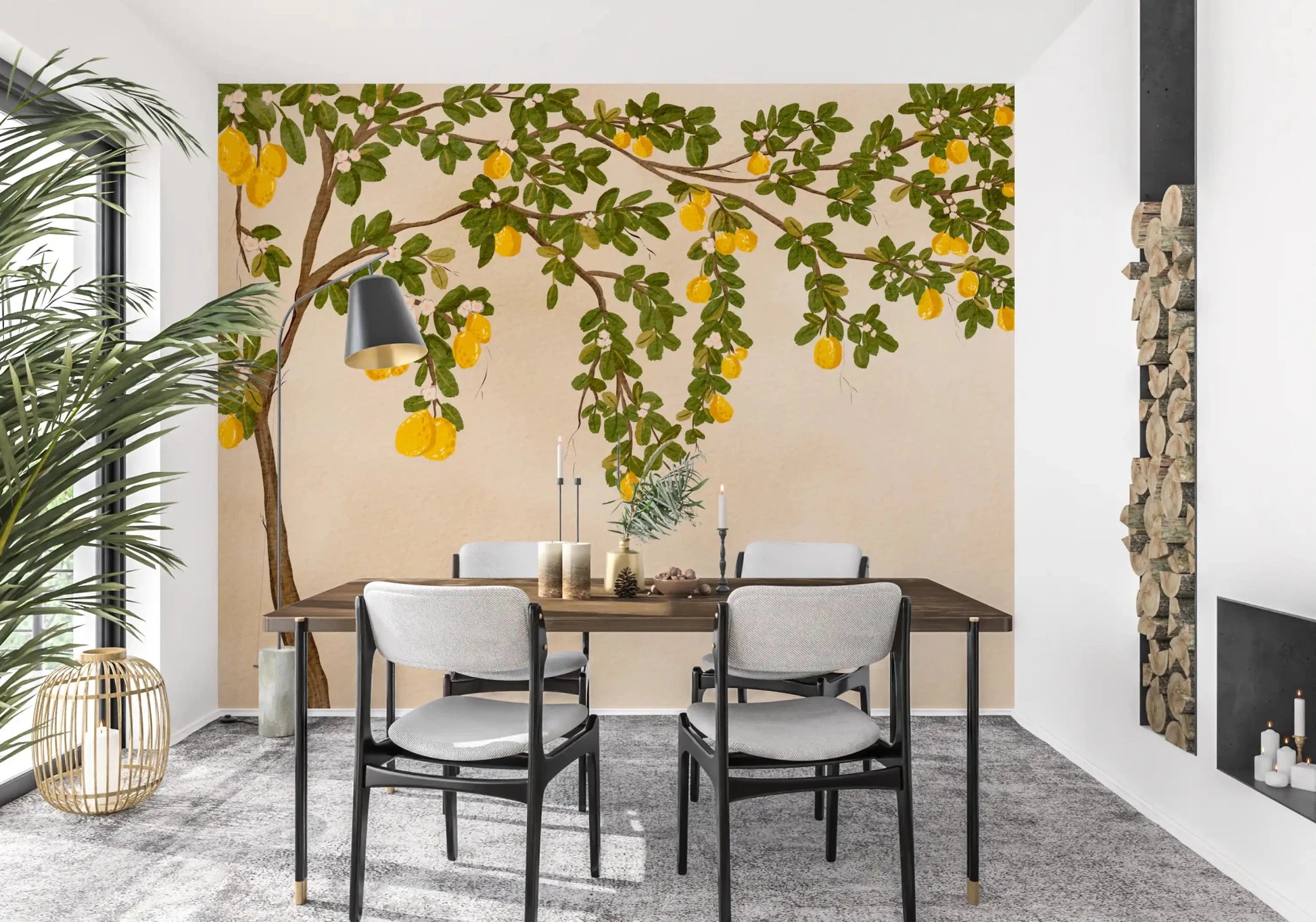 Lemon Grove Bloom Wall Mural paired with a dining set beside tall glass doors