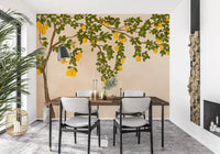 Lemon Grove Bloom Wall Mural paired with a dining set beside tall glass doors
