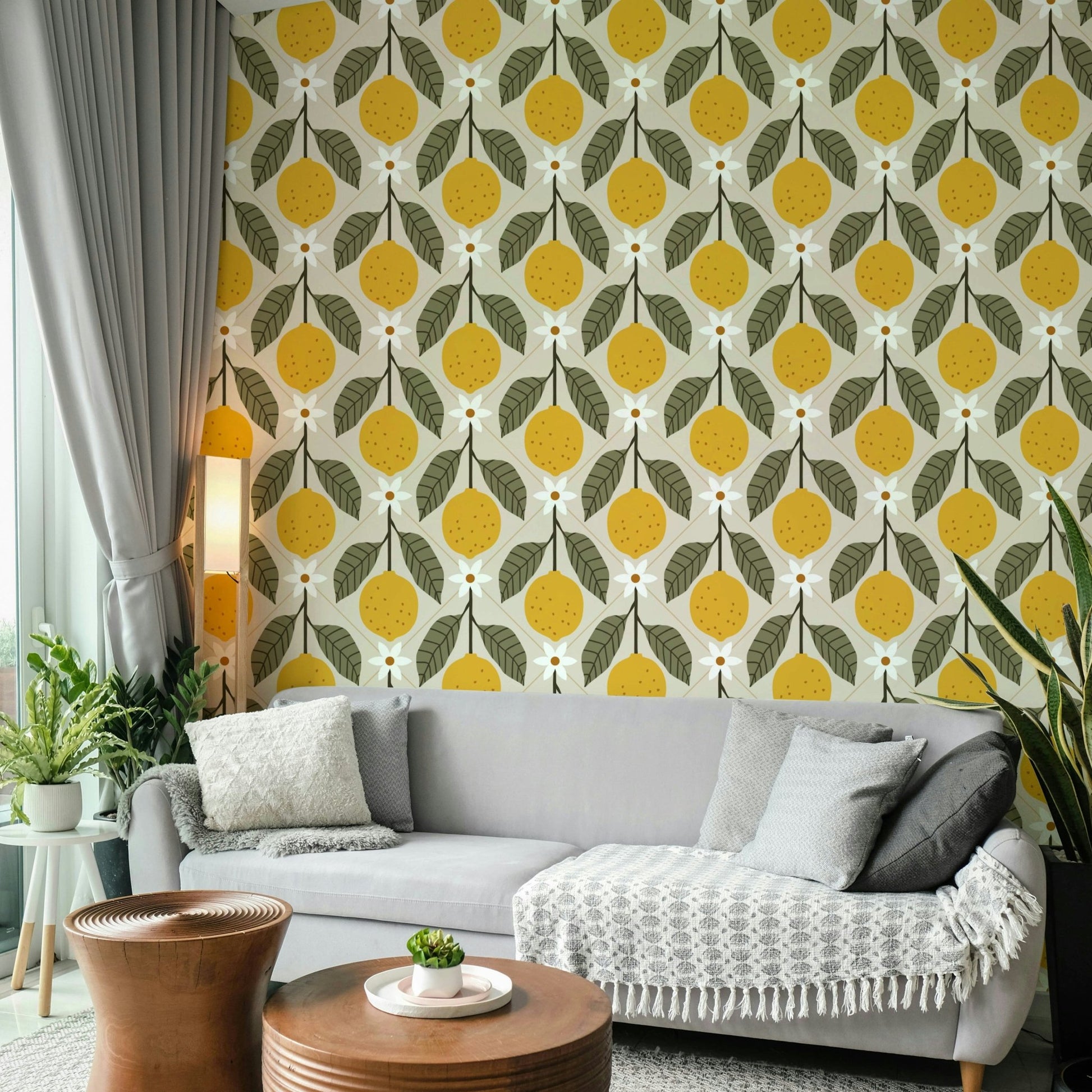 Lemon motif wallpaper in faux tile style

