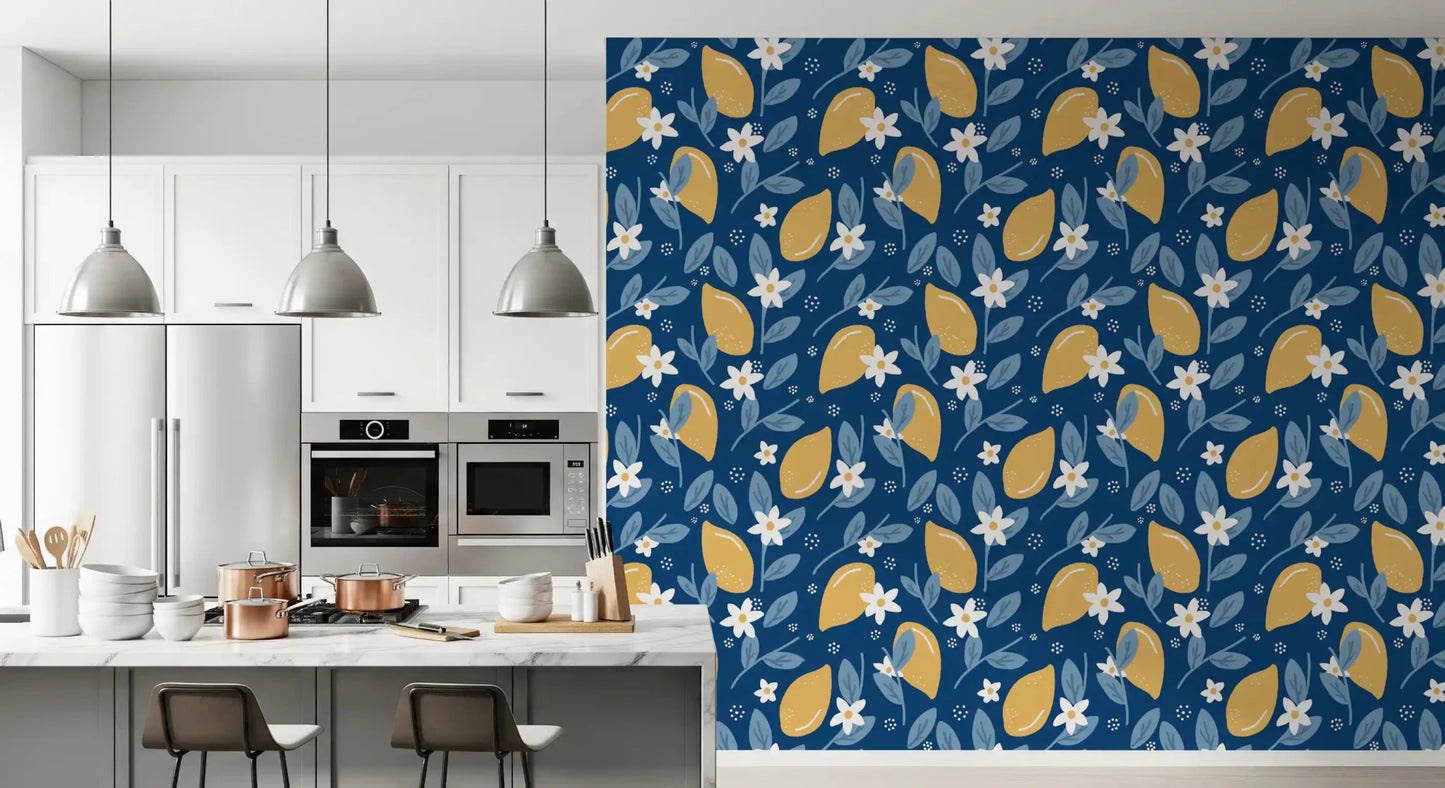 Navy blue Lemon Orchard wallpaper within a stylish Kitchen dining roomGD9456 