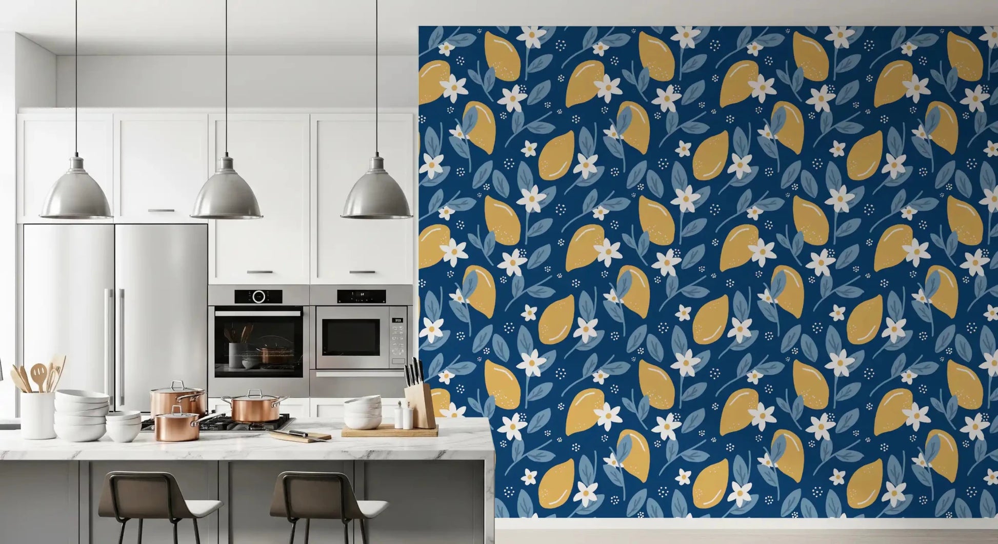Navy blue Lemon Orchard wallpaper within a stylish Kitchen dining roomGD9456 