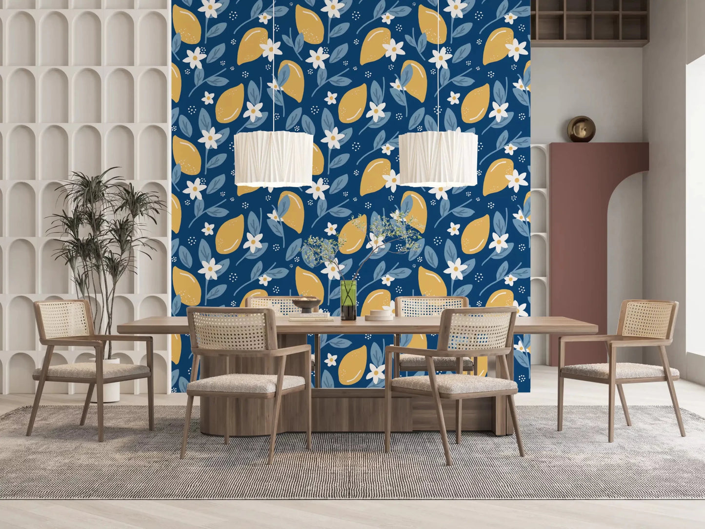 Zoomed-in yellow citrus on navy Lemon Orchard wallpaperGD9456