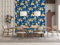 Zoomed-in yellow citrus on navy Lemon Orchard wallpaperGD9456